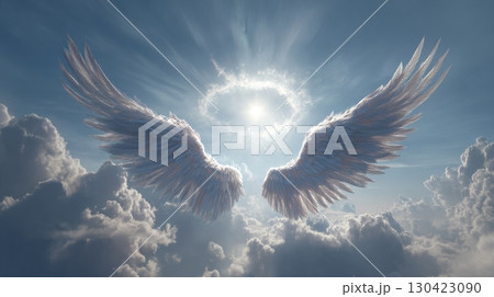 Majestic angel wings spread in a radiant sky above the clouds, divine inspiration 130423090