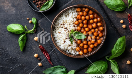 Delicious vegetarian bowl with spiced chickpeas and white rice, garnished with fresh basil leaves, served on dark background with ingredients 130423111
