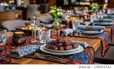 A meticulously set table awaits a Ramadan Iftar meal, complete with dates, water, and decorative candles, embodying the spirit of fasting and tradition A meticulously set table awaits a Ramadan Iftar meal, complete with dates, water, and decorative candles, embodying the spirit of fasting and tradition 130423183