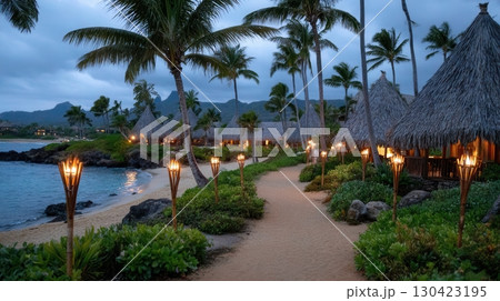 Tranquil tropical beach resort at twilight featuring thatched bungalows lit by tiki torches along a sandy path, offering an idyllic getaway in nature Tranquil tropical beach resort at twilight featuring thatched bungalows lit by tiki torches along a sandy path, offering an idyllic getaway in nature 130423195