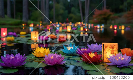 Floating on the water are vibrant artificial water lilies, interspersed with glowing lanterns, creating a magical and tranquil pond display Floating on the water are vibrant artificial water lilies, interspersed with glowing lanterns, creating a magical and tranquil pond display 130423200