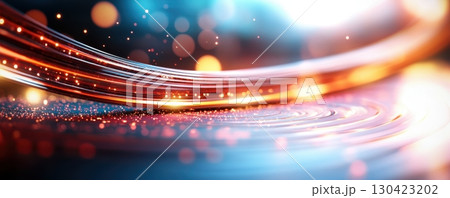 Abstract glowing orange and blue light streaks curve over a sparkling surface, creating a dynamic, futuristic scene Abstract glowing orange and blue light streaks curve over a sparkling surface, creating a dynamic, futuristic scene 130423202
