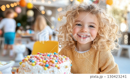 A cheerful little girl with curly blonde hair smiles happily beside a colorful, candy-covered birthday cake 130423241