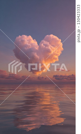 Heart-shaped cloud over tranquil ocean at sunset reflecting soft pink hues 130423333