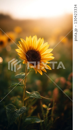 Sunflower in a sunlit field with a warm glow at golden hour, nature concept 130423334