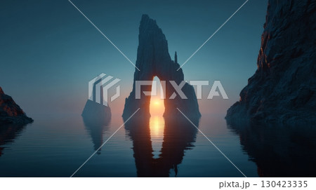 Sunset through rocky arch formations over calm water in misty landscape 130423335