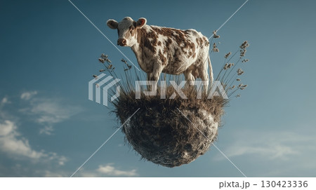 Cow standing on a floating grassy island under a blue sky, surreal concept art 130423336