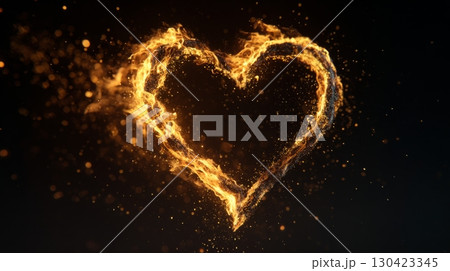 Heart made of vibrant orange fire sparks on a dark background, digital art 130423345