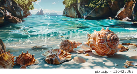 Breathtaking tropical seascape with crystal-clear waters and stunning seashells 130423365