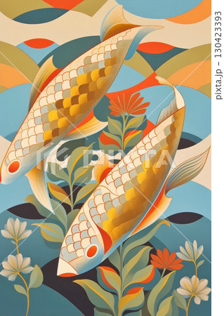 Discover an enchanting, vibrant depiction of two golden fish swimming amidst colorful plants 130423393