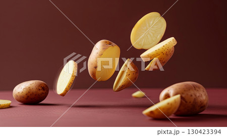 Sliced potatoes float against a minimalist maroon background 130423394