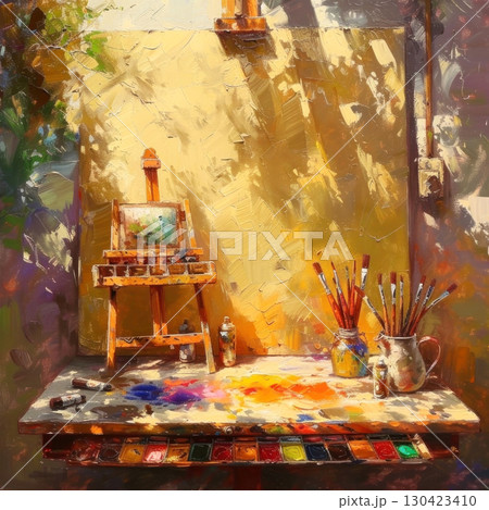 Experience the charm of a classic artist's workspace with vibrant brush strokes 130423410
