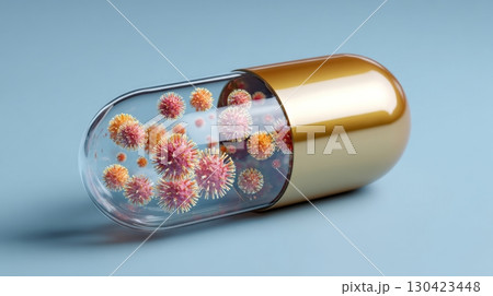 Transparent capsule with viruses inside on a blue background, 3d illustration 130423448