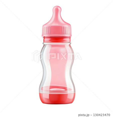 Pink plastic baby bottle with a nipple, partially filled with a pink liquid 130423470