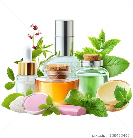 Assortment of cosmetic products and fresh herbs arranged on white background 130423493