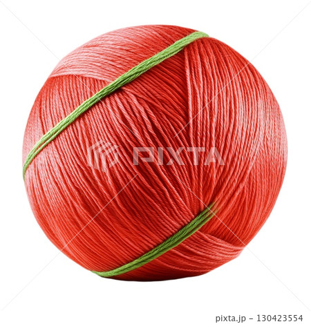 A perfectly formed ball of vibrant red yarn, neatly wrapped with a contrasting green band, sits ready for a crafting project A perfectly formed ball of vibrant red yarn, neatly wrapped with a contrasting green band, sits ready for a crafting project 130423554