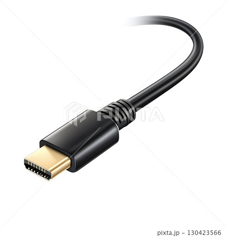 Close-up of a sleek black USB-C cable with a gold-plated connector, isolated on a white background 130423566