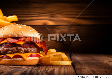 Fried burger with tomato and French potatoes on a peasant table, rustic style 130423577