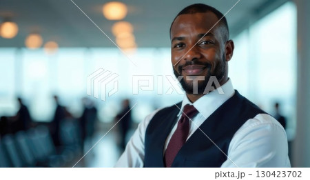 portrait of an African-American smiling male flight attendant in uniform, on the background of an airport, copy space, free space for text 130423702