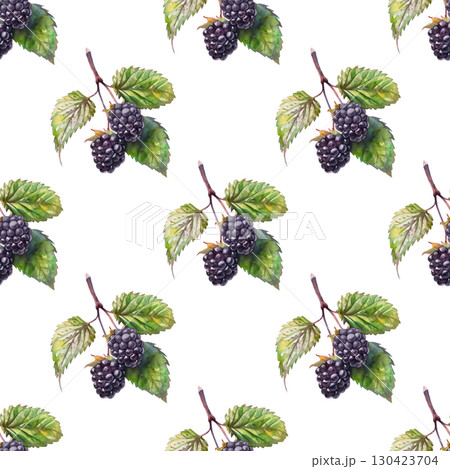 Watercolor repeating pattern of blackberry twigs with lush berries and green leaves. Versatile design for organic labels and botanical content 130423704