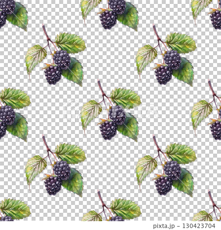 Watercolor repeating pattern of blackberry twigs with lush berries and green leaves. Versatile design for organic labels and botanical content 130423704