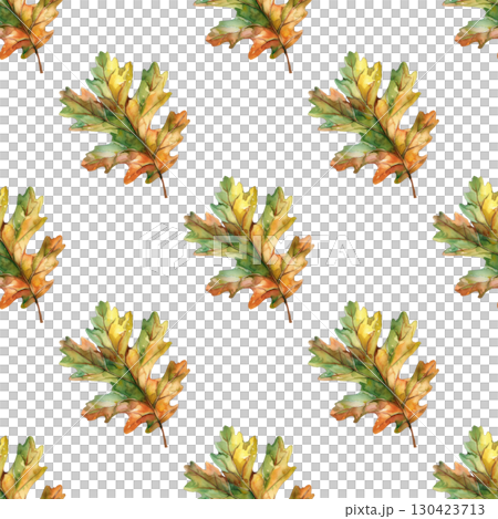 Seamless pattern with watercolor oak leaves and autumn elements on clean white background. Ideal for seasonal branding and packaging 130423713