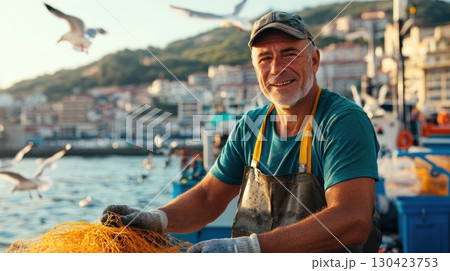 A happy elderly fisherman smiles proudly, holding a fishing net at the harbor, showcasing his tranquil life by the sea 130423753