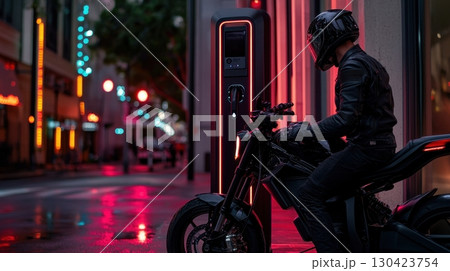 A motorcyclist in a leather jacket charges his electric motorcycle at a city night charging station 130423754