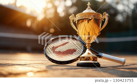 Golden trophy and tennis racket resting on a court, bathed in sunset light, signifying victory and success in a tennis competition 130423755
