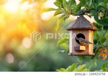 A small bird rests in a charming wooden birdhouse nestled in a vibrant green tree, bathed in the warm glow of the setting sun 130423756