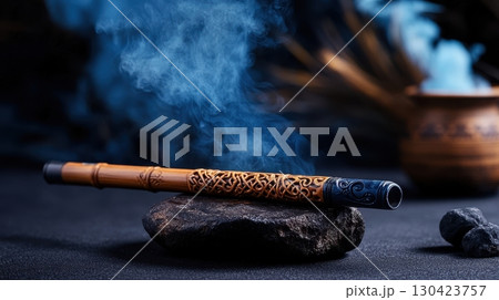 Intricate carved bamboo smoking pipe rests on a dark stone, emitting fragrant blue smoke, creating a mystical atmosphere 130423757