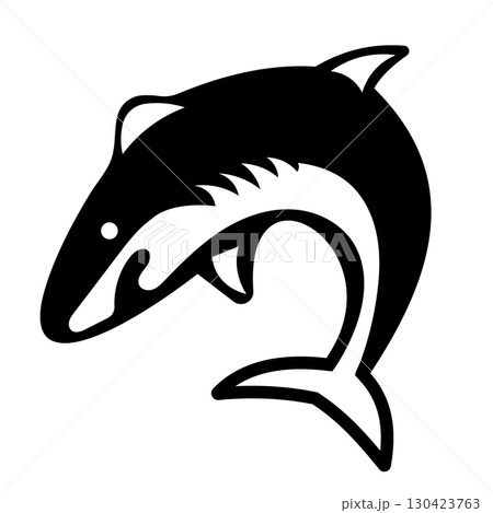 Silhouette of Jumping Shark in Motion. Vector Illustration. Perfect for use in logos, icons, tattoos, decals, prints, sports teams or marine themed graphic projects. 130423763