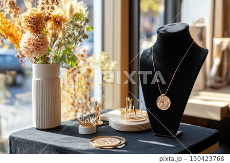 Elegant gold necklace with a circular pendant displayed on a black jewelry stand, next to dried flowers and other accessories Elegant gold necklace with a circular pendant displayed on a black jewelry stand, next to dried flowers and other accessories 130423768