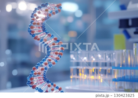 Detailed DNA helix model with blue and pink components, test tubes in background 130423825