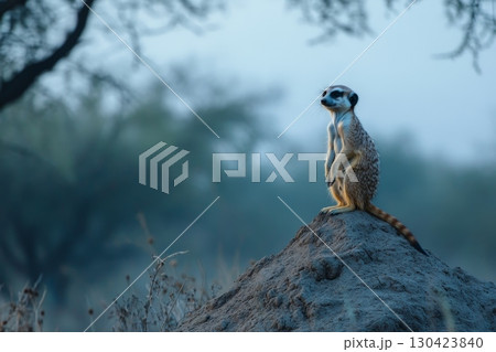 Single meerkat standing upright on mound against misty blue background in early morning light 130423840