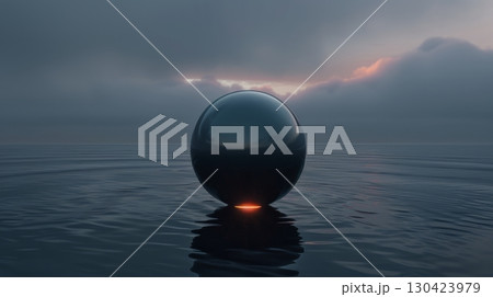 Black Sphere Floating Above Water, Minimalist Scene, 3D Render, Deep Ocean, Tranquility Black Sphere Floating Above Water, Minimalist Scene, 3D Render, Deep Ocean, Tranquility 130423979