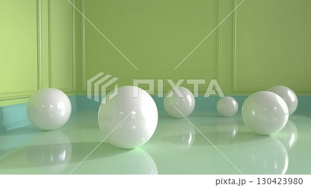 Six White Spheres, Reflective Surface, Minimalist Room, 3D Rendering, Yellow-Green Background Six White Spheres, Reflective Surface, Minimalist Room, 3D Rendering, Yellow-Green Background 130423980