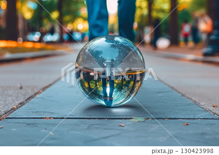 Man Walking Away On Sidewalk With Lensball Reflecting Path Ahead And Blurred Surroundings 130423998