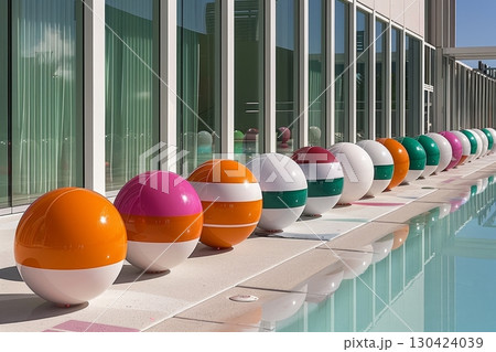 Colorful, Large Decorative Balls Lined Up By Swimming Poolside Modern Urban Design Concept. Colorful, Large Decorative Balls Lined Up By Swimming Poolside Modern Urban Design Concept. 130424039