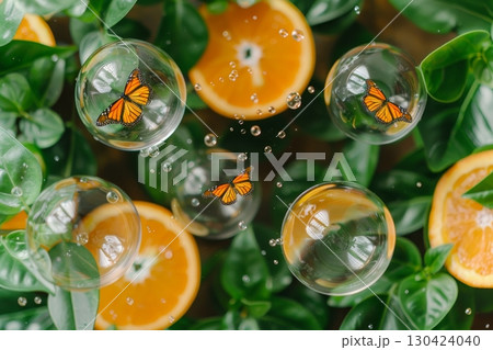Freshness and Flight Sliced Oranges, Lush Greenery, and Butterflies in Soap Bubbles. Freshness and Flight Sliced Oranges, Lush Greenery, and Butterflies in Soap Bubbles. 130424040