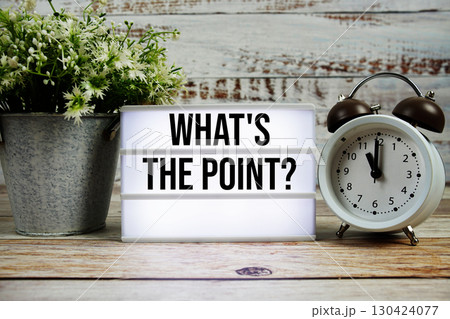 What's the Point? text on light box with alarm clock on wooden background What's the Point? text on light box with alarm clock on wooden background 130424077