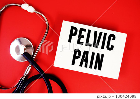 Pelvic Pain text written on paper card with stethoscope on red background Pelvic Pain text written on paper card with stethoscope on red background 130424099