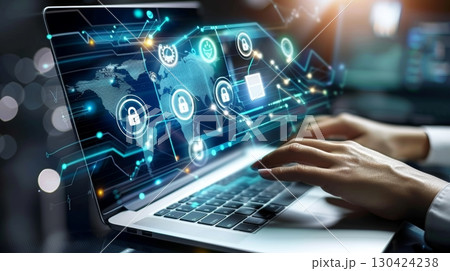 Close up of woman using laptop with privacy lock icon on virtual screen for secure browsing 130424238