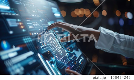 Close up of a woman using laptop with privacy lock icon on virtual screen interfaces 130424243