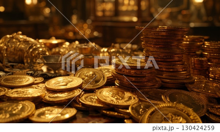 Close up side view of stacked gold coins on office desk for business finance concept 130424259