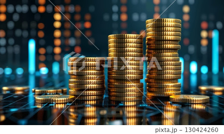 Close up view of a pile of gold coins on the office desk, depicting wealth and finance Close up view of a pile of gold coins on the office desk, depicting wealth and finance 130424260