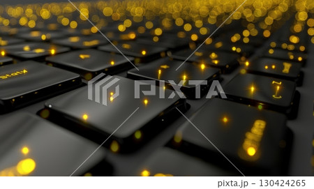Close up of black keyboard with glowing keys, angled view showcasing unique perspective 130424265