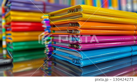 Colorful folders and office supplies on a neat desk  a close up view of productivity essentials 130424273