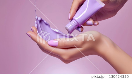Nail Polish Splash Creative Art with Lilac Color on a Womans Hand With Soft Background 130424330