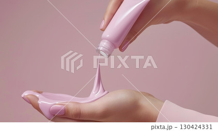 Woman squeezes pink foundation from a tube and drops on hand pastel pink color background, closeup 130424331